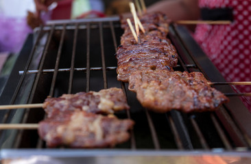 Close up view. Toasted pork skewer with wood. On the iron grate.
