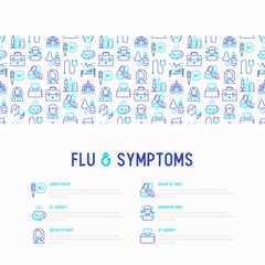 Flu and symptoms concept thin line icons: temperature, chills, heat, runny nose, doctor with stethoscope, nasal drops, cough, phlegm in the lungs. Modern vector illustration for medical report.