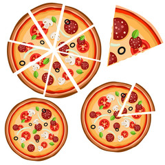 Set of icons with pizza (whole and pieces) on a white background.