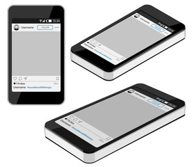 Smartphone is in three different positions (frontal, isometric and perspective) with a social network photo frame on a white background. Decorative template framework.