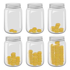 Six glass jars with different number of coins inside on a white background. Save money in banks.