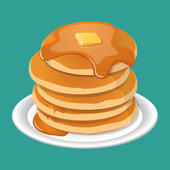 Vector illustration. Fresh tasty hot pancakes with sweet maple syrup. Cartoon icon isolated on background. Vintage restaurant sign. - 194831179