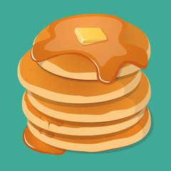 Vector illustration. Fresh tasty hot pancakes with sweet maple syrup. Cartoon icon isolated on background. Vintage restaurant sign.
