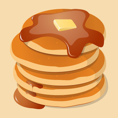 Vector illustration. Fresh tasty hot pancakes with sweet maple syrup. Cartoon icon isolated on background. Vintage restaurant sign.