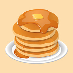 Vector illustration. Fresh tasty hot pancakes with sweet maple syrup. Cartoon icon isolated on background. Vintage restaurant sign. - 194831196