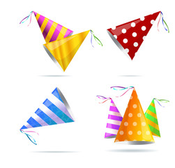 Obraz premium Birthday party hat with stripes. Vector isolated illustration. Holiday icon. Isometric 3d illustration