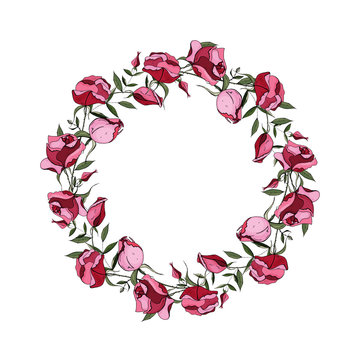 Vector round wreath of roses. Greeting card background for Valentine's day, birthday, mother's day, wedding. Vector