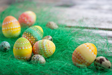 Painted Easter eggs on old boards , Easter background
