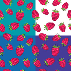 Set of four Seamless Fruit Patterns ,Berry Raspberries on White Green Purple and Blue Background, Vector Illustration