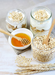 Vitamin Healthy Breakfast Yogurt with Oat Flakes White Wooden Background Porridge Glass Jar Useful Food 