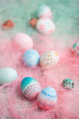  Painted Easter eggs on old boards , Easter background