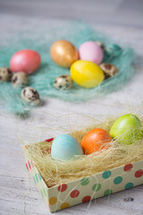  Painted Easter eggs on old boards , Easter background