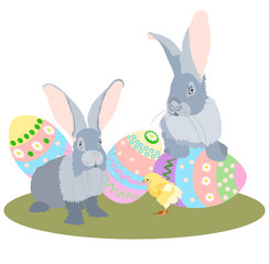 Happy Easter rabbits and chickens with Easter egg