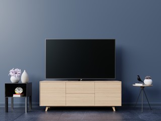 TV in live room and dark wall ,3D rendering