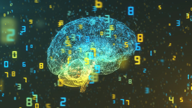 Digital computer brain 3D render floating in right profile view with numerical information background illustrating the concepts of Big Data and artificial intelligence
