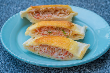 close up Home Made Grilled Crab Stick and Ebiko Sandwiches.(selective Focus)