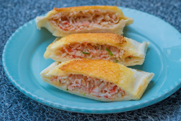 close up Home Made Grilled Crab Stick and Ebiko Sandwiches.(selective Focus)