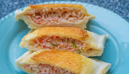 close up Home Made Grilled Crab Stick and Ebiko Sandwiches.(selective Focus)
