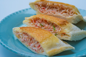 close up Home Made Grilled Crab Stick and Ebiko Sandwiches.(selective Focus)