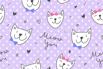 Cats in love, vector seamless pattern with cartoon cat faces and lettering Meow You
