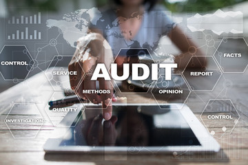 Audit business concept. Auditor. Compliance. Virtual screen technology.