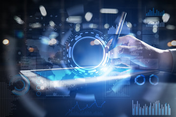 Internet, Business and technology concept. Icons, diagrams and graphs background on virtual screen.