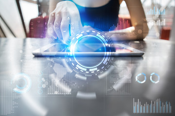 Internet, Business and technology concept. Icons, diagrams and graphs background on virtual screen.