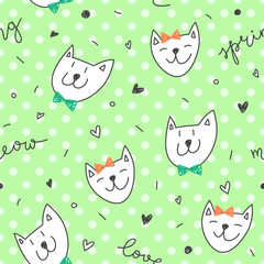 hand drawn spring cats pattern, cute vector seamless texture