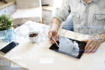 Gears on virtual screen. Business strategy and technology concept. Automation process.