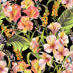 Hand drawn colorful seamless pattern with watercolor banana leaves, exotic plants and alstroemeria flowers. Summer repeated background