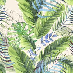 Hand drawn colorful seamless pattern with watercolor palm leaves, exotic plants and banana leaves. Summer repeated background