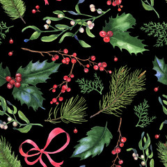 Hand-drawn watercolor seamless holiday pattern with different leaves and berries. Repeated vintage background. Christmas decorative leaves, holly and berries.