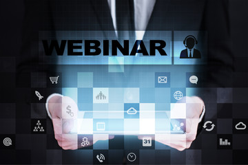 Webinar. E-Learning, Online Education concept. Personal development. Virtual screen.