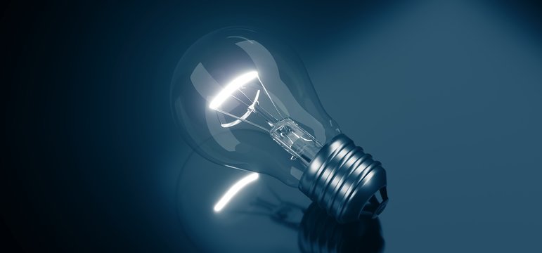 3D Rendering Of Single Lighted Classic Glass Bulb On Dark Gradient Background Closeup
