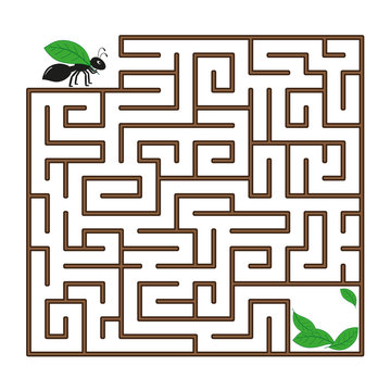Maze for children. A black ant with a leaf goes through a maze on the white background. Vector flat illustration