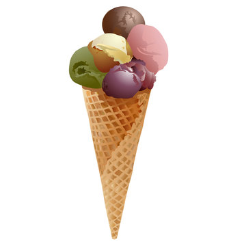 Fruit ice cream cone with five colored balls vector picture