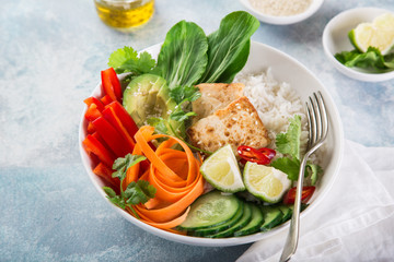 vegan lunch bowl salad with roasted tofu cheese, avocado, rice, cucumber, bell pepper, carrot and pak choi