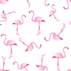 seamless pattern pink flamingo bird, vector illustration on white background
