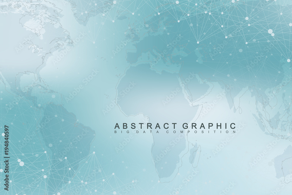 Poster Geometric graphic background communication with World Map. Big data complex with compounds. Perspective backdrop. Minimal array. Digital data visualization. Scientific cybernetic vector illustration.
