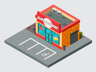 Supermarket isometric vector building isolated shop mall city supermarket building design. Urban business construction design. Red kiosk with parking zone isolated