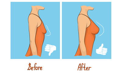 Woman with small and big breasts on a blue background