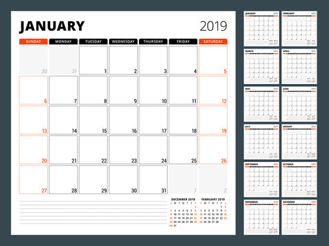 Calendar planner for 2019 year. Stationery design template. Week starts on Sunday. Set of 12 months. Vector illustration