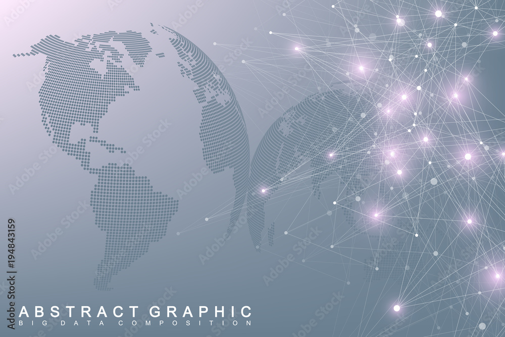 Poster Geometric graphic background communication with World Map. Big data complex with compounds. Perspective backdrop. Minimal array. Digital data visualization. Scientific cybernetic vector illustration.