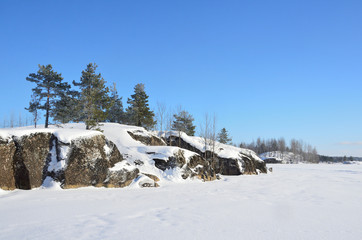 Fototapeta na wymiar Россия, Ладожское озеро, залив Муролахти (Кочерга) в ясный морозный день
