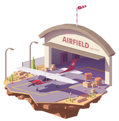 Vector low poly airfield with hangar and airplane - obrazy, fototapety, plakaty
