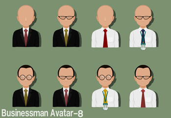 Businessman Avatar with Variation of necktie ,shirt,eyeglasses and suit.Characters are based on Child head with no hair.and Child head with Skin Head hair style.
