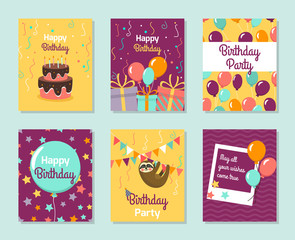 Happy Birthday Collection greeting templates. Invitation cards to the party. Vector banners with cake, balloons, gifts. Card with cute small sloth.