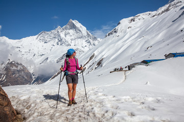 Fototapeta na wymiar Trekker on the way to Annapurna base camp, Nepal