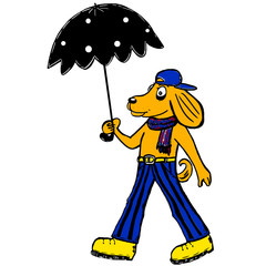 Walking stylish dog in striped trousers, cap, scarf, boots with umbrella. Cute cartoon animal for kids room, interior, design, posters, prints, cards. Going dog in rainy day.