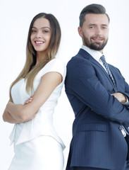 Portrait of business people back to back against white backgroun
